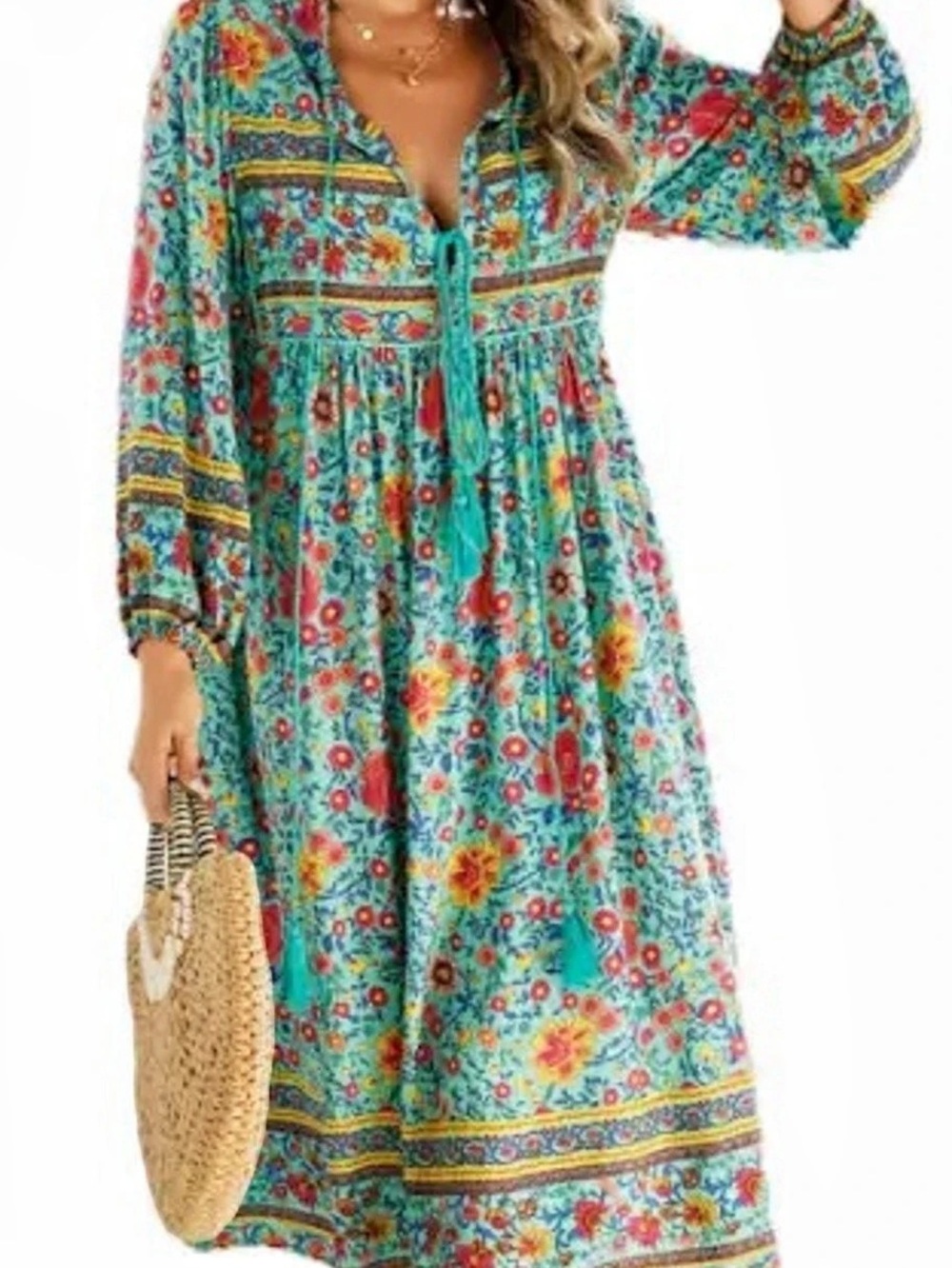 R. Vivimos Long Sleeve Floral Print Retro V Neck Tassel Bohemian Midi Dress